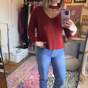 Miracle Red V-neck Chenille Pullover Sweater Long Sleeve Med